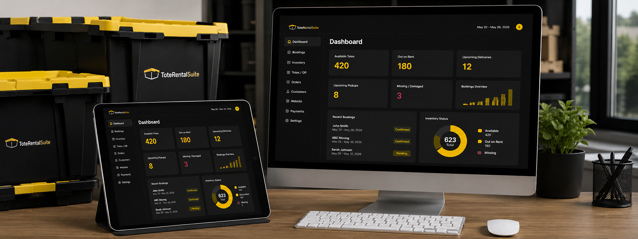 ToteRentalSuite dashboard preview showing tote rental operations, bookings and inventory