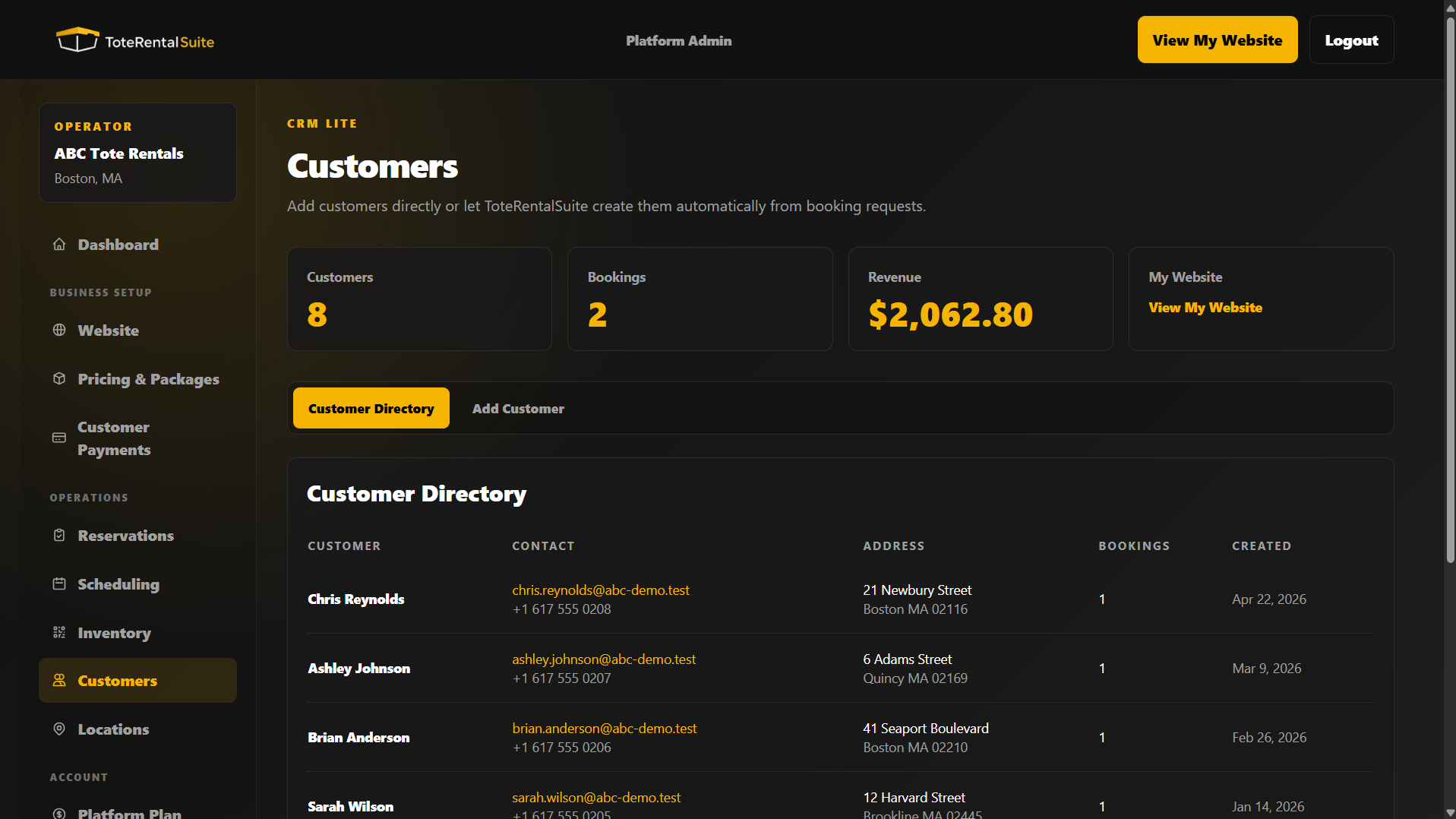 Customer directory showing customer history, booking counts and revenue for a tote rental operator