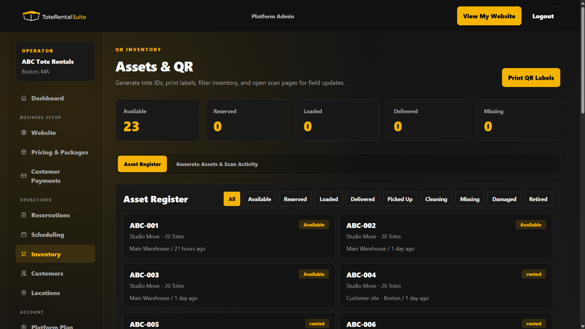 ToteRentalSuite QR inventory asset register showing tote IDs and availability